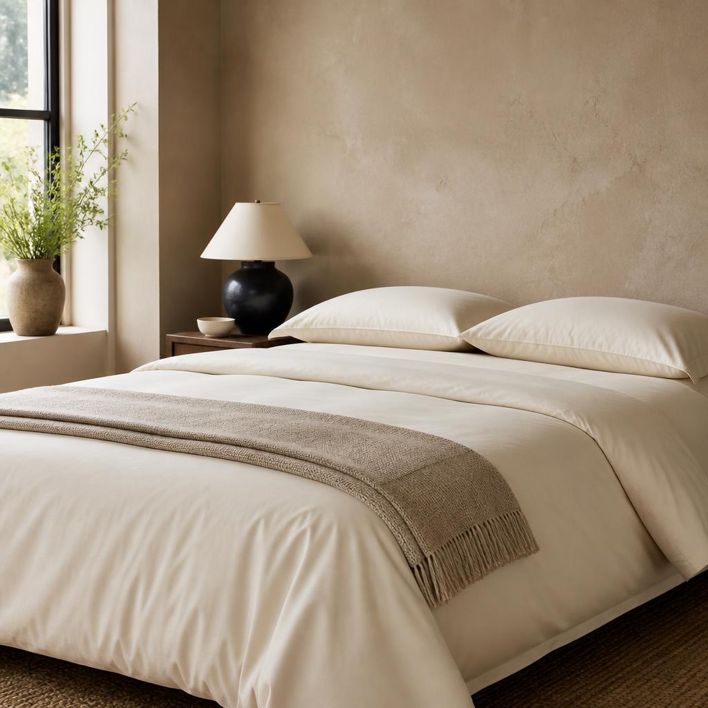 A neatly made bed with soft bedding in morning light